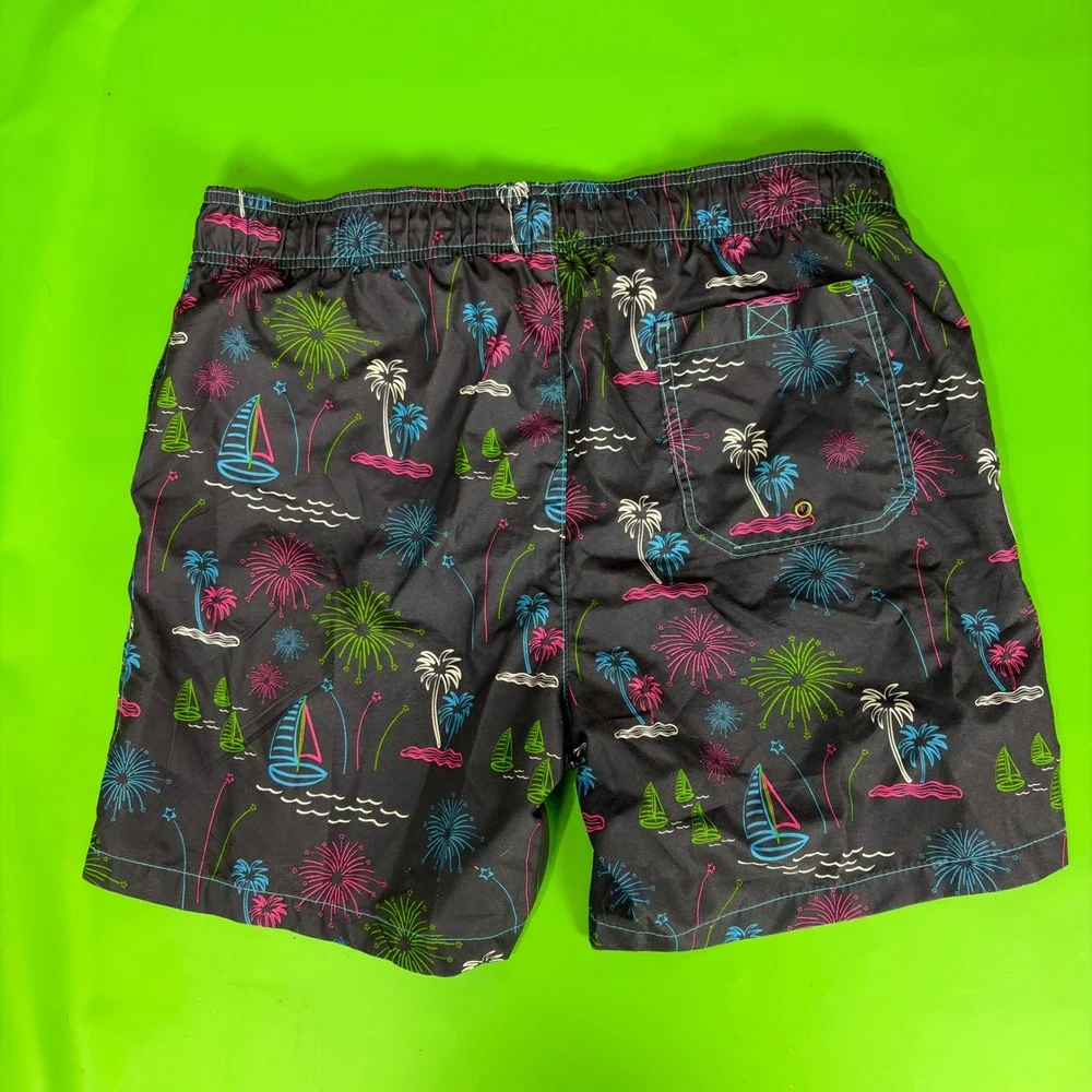 Beach Bros Swim Trunks Mens L Black Tropical Neon AOP Surf Board Shorts Vacation
